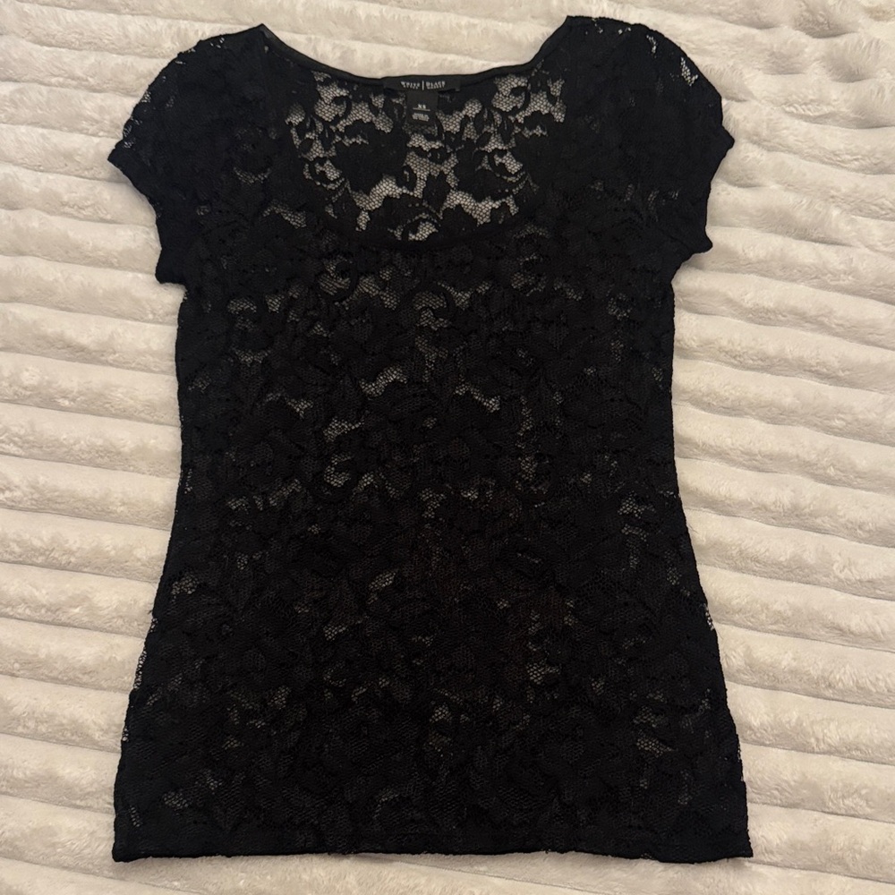 White House Black Market Black Lace Top XS Sheer Floral Short Sleeve Blouse